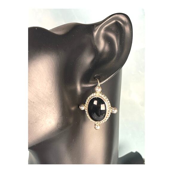 Taxco Jewelry - Taxco Mexico 925 Sterling Onyx Rope Bead Drop Hook Earrings 11.5g